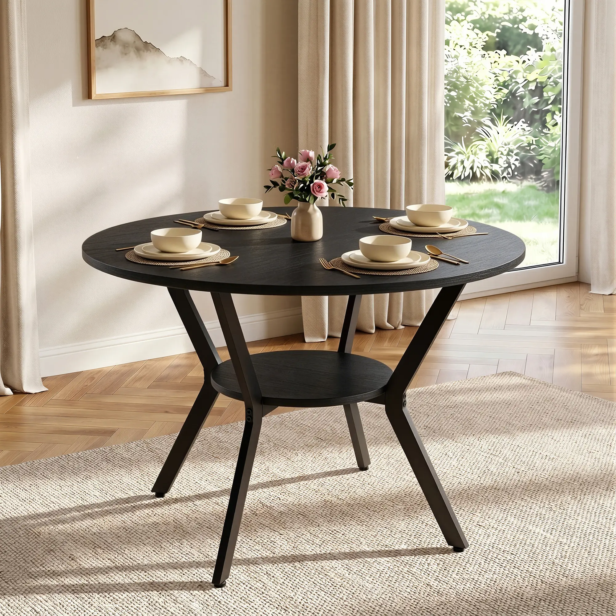 Miereirl 42.13" Round Dining Table for 4, Modern Kitchen Table with Open Storage Shelf, Wood Dining Table for Dining Room, Apartment, Small Spaces