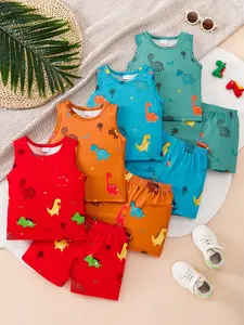 Sleeveless Set Outfits (t-Shirt & Shorts), Fun Playful Dinosaur Print, Elastic Waist, Summer Casual Home Wear, Indoor Play, Baby Toddler Clothes