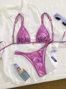 New Soft Blue Printed Adjustable Backless Floral Print Bikini Set, Sexy Summer Beachwear for Women, Elegant Contrast Swimsuit