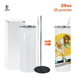 ICESIP 25pcs/ctn 20oz sublimation blanks stainless steel insulated skinny tumbler with plastic & metal straw and rubber bottom,for juice,Ice drinks Holiday Gifts DIY water bottle