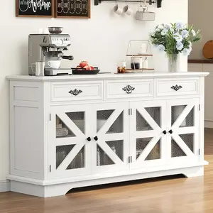 63" White Kitchen Buffet Cabinet with Storage,Wood Coffee Bar Sideboard Glass Display Cabinet with 3 Drawers, Charging Station and Mesh Barn Doors, Accent Credenza for Dining Room Living Room