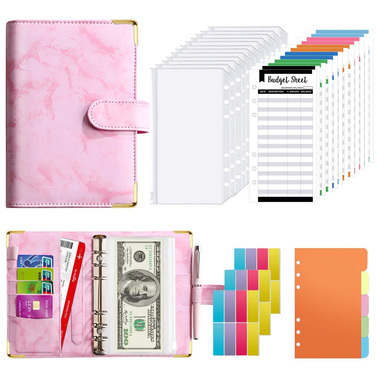 Budget Binder Notebook, 54Pcs Budget Binder with Zipper Envelopes , Cash Envelopes for Budgeting, Money Organizer for Cash, A6 Budget Planner with Cas