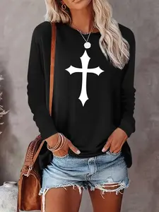 Pattern print Women's printed T-shirt  Casual Lightweight Round Neck Graphic Daily Everyday Commuter Fitted long-sleeve T-shirt，TikTok Trending T-shirt Women ，Outfit Murah T-shirt Wanit,Comfortable Fabric, Womenswear