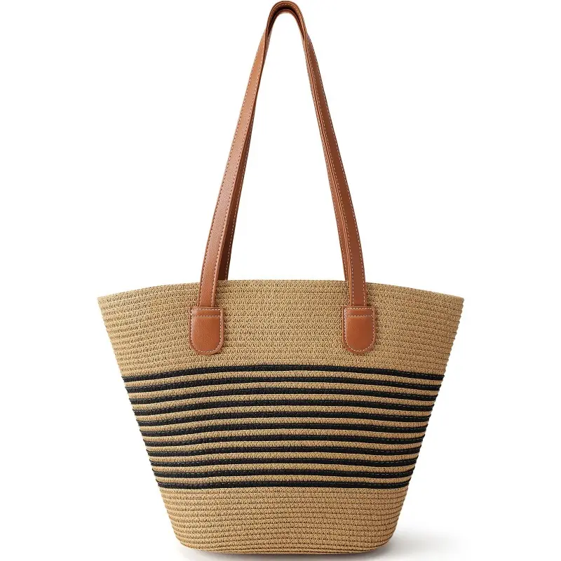 Women's Woven Straw Beach Bag, Large Capacity Summer Tote with Zipper, Breathable Shoulder Bag for Adults' Travel & Farmers' Market, Breathable Shoulder Bags