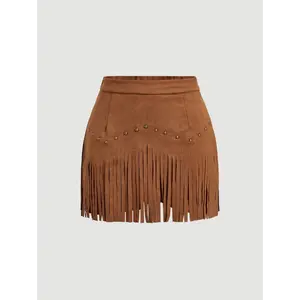 Women's Vintage Hippie Rivet Fringe Black Suede A-Line Skirt, Autumn Skirt,Nashville Outfits,Pirate Skirt Fabric Womenswear