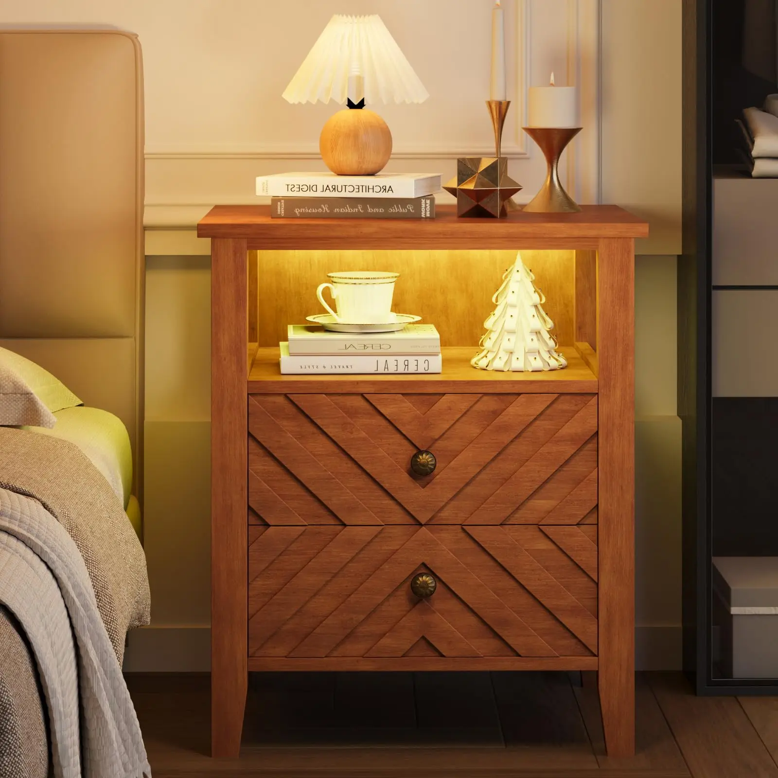 Wooden Nightstand LED Night Stand with 2 Storage Drawers and Stable Wooden Legs, Farmhouse Nightstand w/V-Shaped Design & Open Shelf, Rustic Bedside Table for Bedroom (Brown)