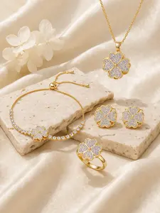 4 Pcs Spinning Gold Pave Clover Set | Timeless Old Money Aesthetic | Rotating Crystal Fidget for Inner Peace | Luxurious Anniversary Gift for Her