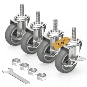 Caster Wheels 3 inch Locking Casters Set of 4, Threaded Stem 3/8" -16 x 1-1/2" (Diameter 3/8", Length 1-1/2") Swivel Heavy Duty Castors Gray