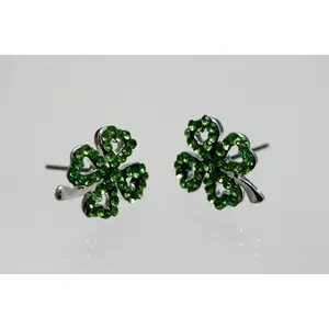Emeralds Rhinestone Shamrock Outline Post Earrings, St Patrick's Day Earrings, Irish Four Leaf Clover Earrings Jewelry Gift