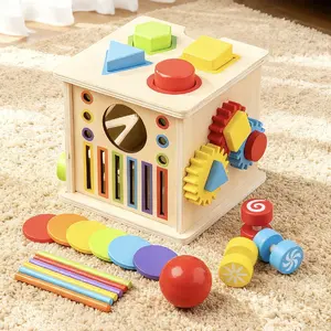 Wooden Multi-Functional Shape Sorter Sorting Puzzle Toy, Eight-In-One Intelligence Box Color Matching Fine Motor Skills Hand-Eye Coordination Gift