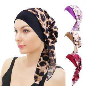 Satin Turban with Long Ties for Men and Women, Baroque Print Wide Band Head Wrap for Hair Protection and Daily Wear