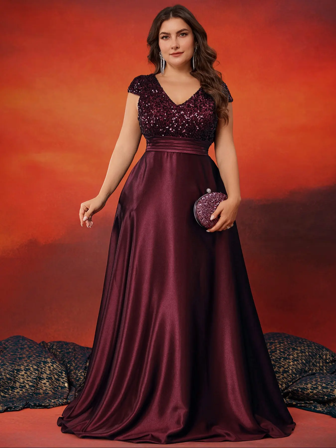 Women's Elegant Evening Dress, V Neck a Line Loose Fit Formal Gown, Sequins Patchwork Shimmer Satin Sleeves, Summer Large Size Party Wear, Lady Womenswear
