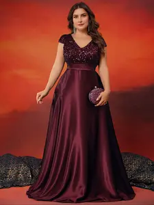 Women's Elegant Evening Dress, V Neck a Line Formal Gown, Sequins Patchwork Satin Sleeves, Summer Large Size Party Wear