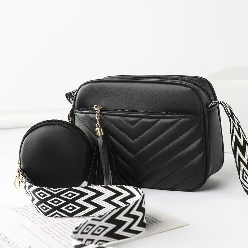 Women's Solid Black Chevron Quilted Crossbody Bag - Soft Polyester, Attached Small Pouch, Wide Adjustable Strap, Multi-Zip Pockets, Daily Casual Use, Ideal Gift for Mom handbag vintage date night