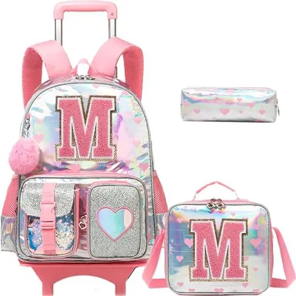 Elementary School Girls' Glitter Letter M Holographic 2-in-1 Rolling Backpack Set - Adjustable Telescopic Handle, Matching Insulated Lunch Bag, Matching Pencil Case