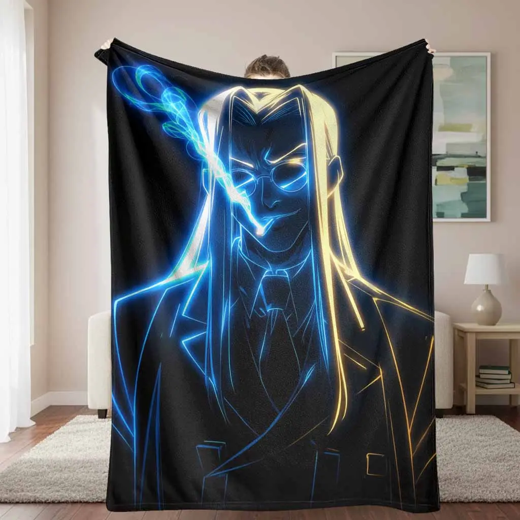 Neon Anime Gentleman Flannel Blanket Blue Glow Portrait Print Soft Warm Lightweight Cozy Throw for Sofa Bed Dorm Office Movie Night Birthday Gift