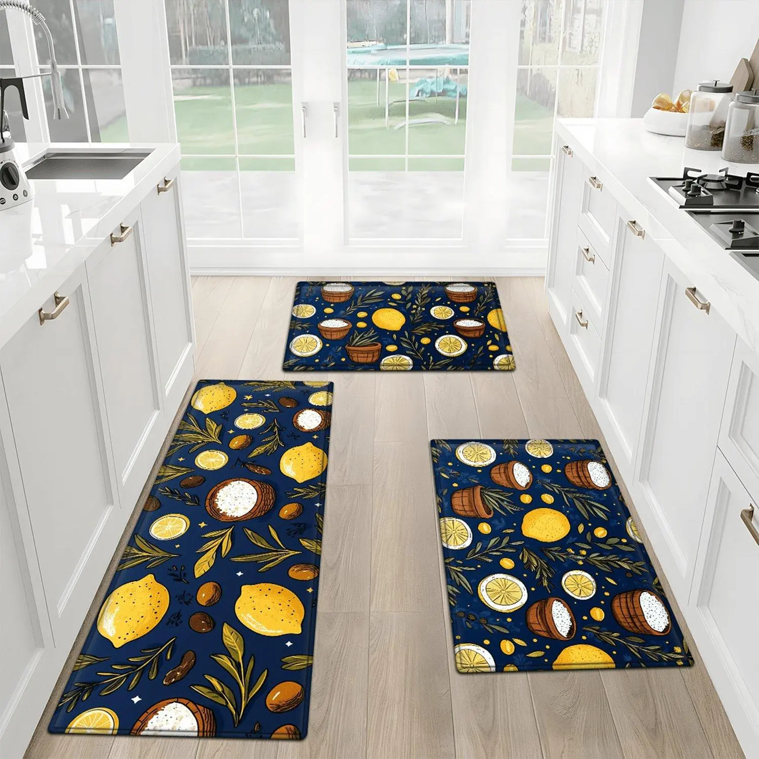 Flannel Navy‑Blue Background Lemon Coconut Tropical Fruit Foliage Pattern Printed Kitchen Water‑Absorbent Non‑Slip Washable Doormat For Home
