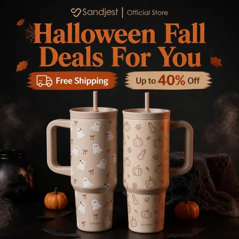 SANDJEST Halloween Pumpkin Boo 40oz Leak-proof Tumbler with Handle, Locking Lid and Silicone Straw, Car Cup Holder Friendly, Insulated Stainless Steel Travel Cup, Great Gift for Birthday Cozy Fall Outdoor Travel