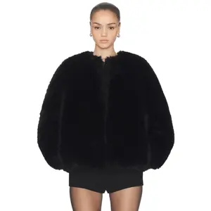 HAELO Long Hair Faux Fur Bomber in Black