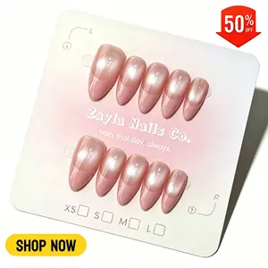 Handmade Glossy Cat Eye French Press On Nails - Medium Almond shape Nude Pink Gradient acrylic y2k style Fake Nails art set , Reusable & Long Lasting, wearable Natural Gel diy Nail Art for Daily & Party press-on nail