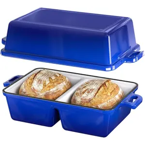 Enameled Cast Iron Double-Chamber Dutch Oven with Lid Square Mini Sourdough Loaf Pan for Homemade Bread Baking Dark Blue