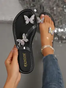 2026 Summer New Women's Peep Toe Slippers, Sweet Style, Comfortable Anti-Slip, Fashionable Butterfly Rhinestones, Beach Sandals