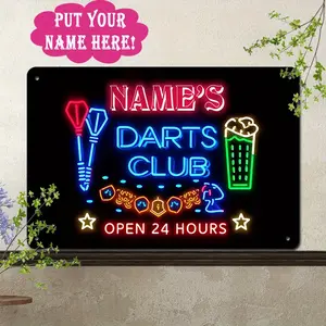 [2D Flat] 1pc Large 12x8 Inch Customizable Dart Club Metal Sign - Personalized Name/Text, Neon Glow-in-the-Dark Dartboard & Beer Mug Design - Heavy-Duty Aluminum Game Room Decor fo