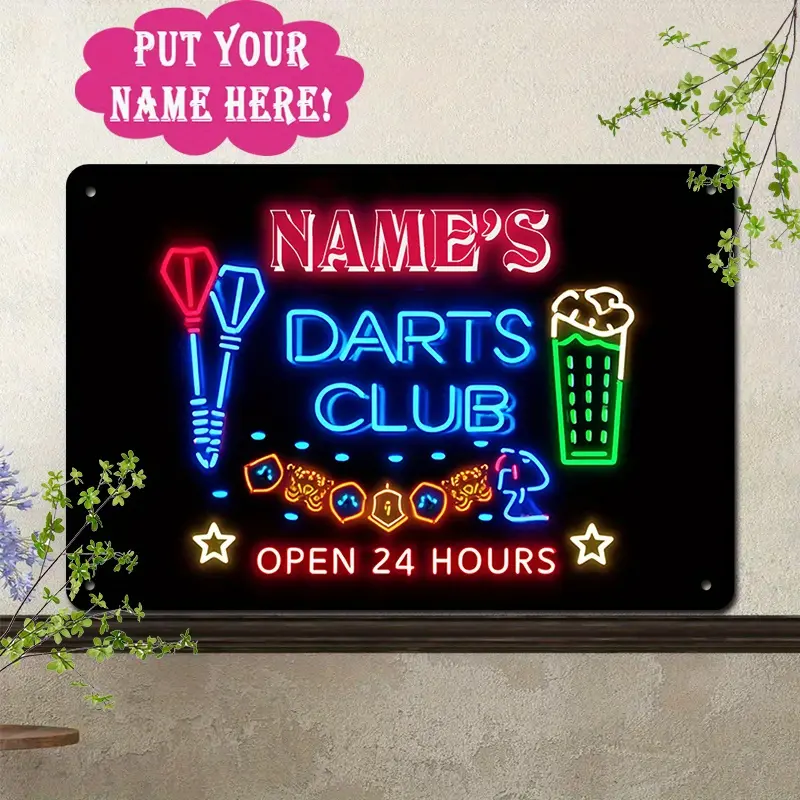 Vintage Metal Plaque Set - 12x8 in Customizable 2D Flat Tin-Aluminum Dart Club Sign for Husbands, Personalized Name/Text, Glow-in-the-Dark Neon Dartboard & Beer Mug Design, Heavy-Duty Gaming Room Decor, Indoor Garage Gift to Him, Home Decor