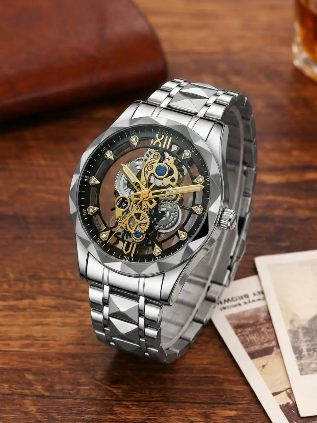 Men's Vintage Rhinestone Decorated Analog Quartz Watch, Fashionable Watch, Fashion Watch for Party, Daily Clothing Decor, Trendy All-match & Exquisite Watch for Birthday Gift with Box