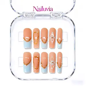 （D144）10Pcs 1.3Inch Acrylic Press On Nails - Long Coffin Blue Gradient Fake Nails with Gold 3D Pearl, Reusable Luxury Artificial Nail Tips