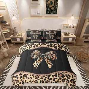 African Cheetah Bow Comforter Bed Set,Girls Women Adults Leopard Coquette Bow Bed Bag,Brown Black Modern Fashion 7 Piece Bedding Set,Leopard Print Bed Set