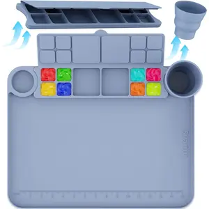 Silicone Painting Mat with Cup and Palette Removable, 17"X13" Thick Silicone Art Mat for Craft with Raised Edge for Resin DIY Making, Gray