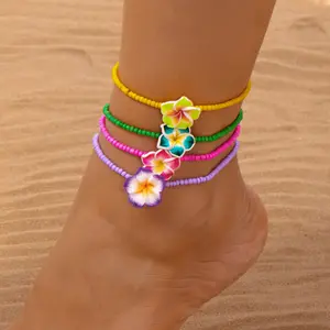 Bohemian Sweet Colorful Flowers Anklet for Women Vintage Polymer Clay Flower Rice Beads Anklets Bracelets Foot Charm Jewelry