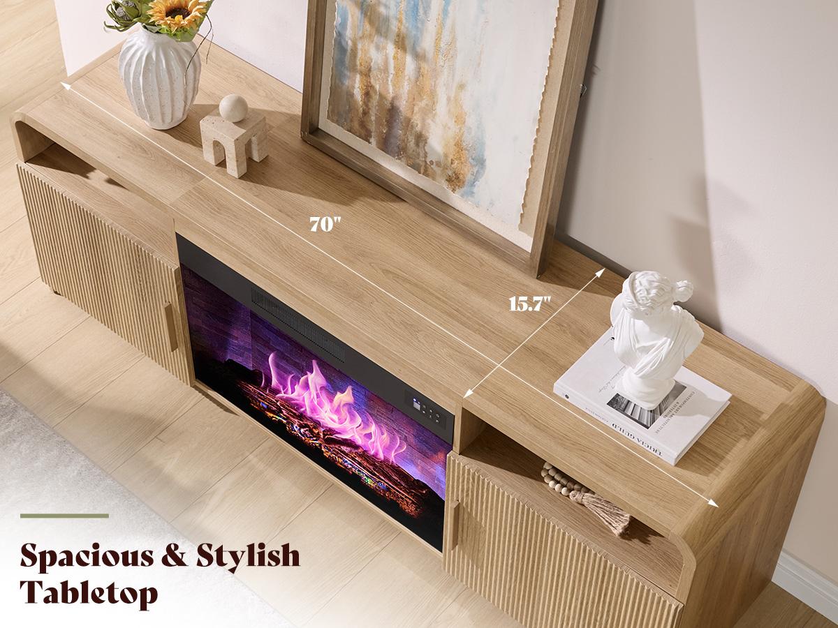 AMERLIFE 70" Fluted Fireplace TV Stand for TVs Up to 80", Modern TV Console with 30" Electric Fireplace & Storage Cabinets, Media Entertainment Center for Living Room