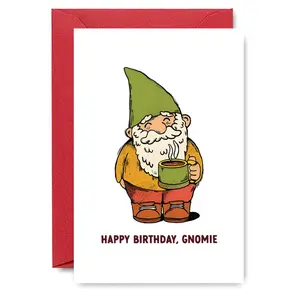 Gnome Birthday Cheer Card - Jolly Little Gardener with 'Happy Birthday, Gnomie' Pun Message in Rustic Red Lettering, Whimsical Gift for Nature Lovers
