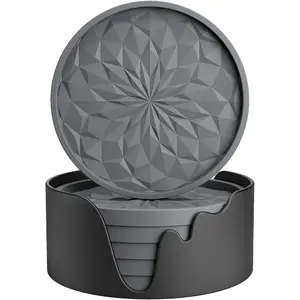 Coasters with Holder,[6 Pack] Drinking Coasters - Cup Mat for Hot or Cold Drinks, Thickened, Non-Slip, Non-stick,Deep Tray Dark Grey
