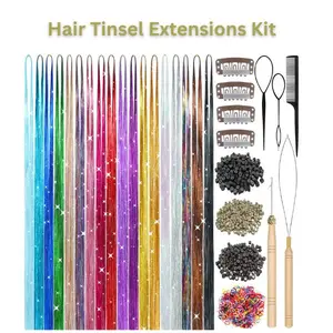 Hair Tinsel Synthetic Extensions Kit, 7800 Strands 48 Inch Glitter Tinsel , Heat Resistant Shiny Fairy Hair Accessories for Women, Girls & Kids for Daily Use and Festivals