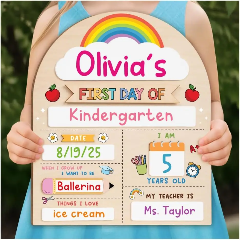 My First Day of School Sign 12"x10", First and Last Day of School Board with Marker, Reusable Back to Class Wooden Chalkboard for Preschool, Pre-K, and Kindergarten, Easy to Write & Clean Board