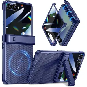 Goton Magnetic for Samsung Galaxy Z Flip 7 Case with Built-in Privacy Screen Protector, [Compatible with MagSafe] with Hidden Kickstand & Hinge Protection Shockproof Textured Cover, Blue