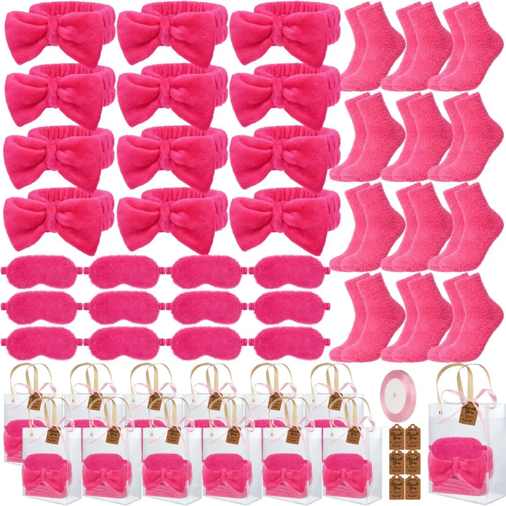12 Sets Sleepover Party Favors for Girls, Pink Spa Birthday Party Supplies Includes Bow Headbands, Eye Masks, Fuzzy Socks, Clear Gift Bags, Ribbons, and Tags, Slumber Party Return Gifts for Guests, Ideal For Bridal Shower Bachelorette Party