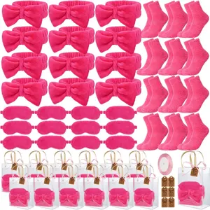 12 Sets Sleepover Party Favors for Girls, Pink Spa Birthday Party Supplies Includes Bow Headbands, Eye Masks, Fuzzy Socks, Clear Gift Bags, Ribbons, and Tags, Slumber Party Return Gifts for Guests, Ideal For Bridal Shower Bachelorette Party