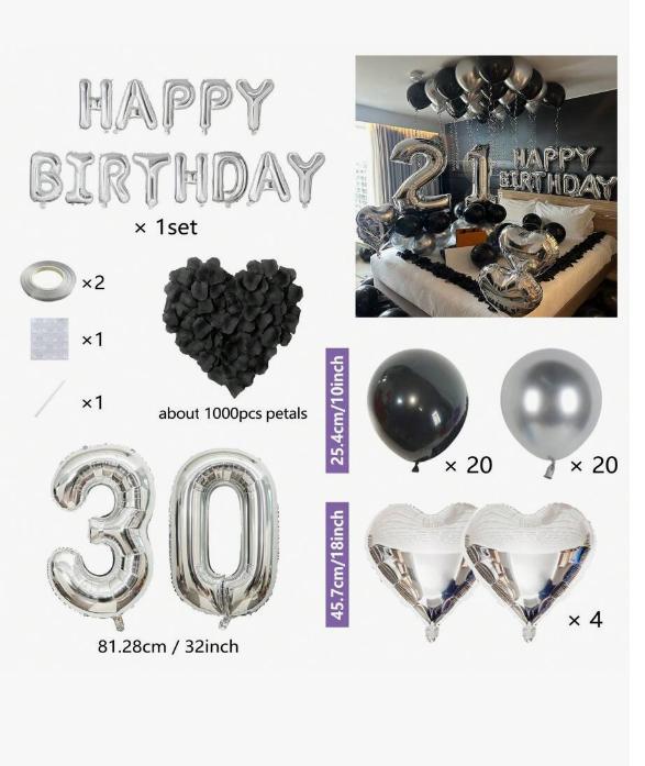 1050pcs Black Silver Party Balloons Decorations Silver Happy Birthday Banner Chrome Latex Heart Shape Foil 1000pcs Black Rose Petals for Birthday Wedding Baby Shower Anniversary Perfect Kit for All Occasions happy birthday roomdecor fake flower petal Gold