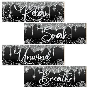 4 Pcs Glitter Diamond Bathroom Wall Art Wooden Hanging Signs Relax Soak Unwind Breathe Black Silver Shiny Drips Bath Decor Bathroom Wall Decoration for Living Room Home Bathroom (Horizontal)