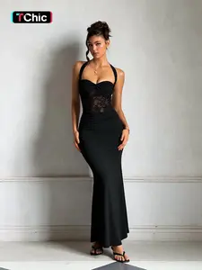Elegant Halter Neck Lace Dress, Women's Fashionable Formal Wear Evening Gown, Perfect for Special Occasions, Chic and Timeless Design