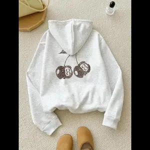 Women's Fall Winter Leopard Cherry Print Drop Shoulder Thermal Lined Hoodie, Fashion Casual Drawstring Pocket Sweatshirt for Daily Holiday Outdoor Wear