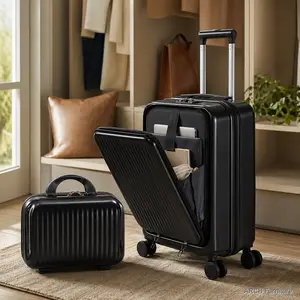 2-Piece ABS Plastic Carry On Luggage Sets, 14"/20" Sizes with Silent Wheels, Combination Lock, Front-Opening Design, Waterproof, Including 14" Black Cosmetic Case
