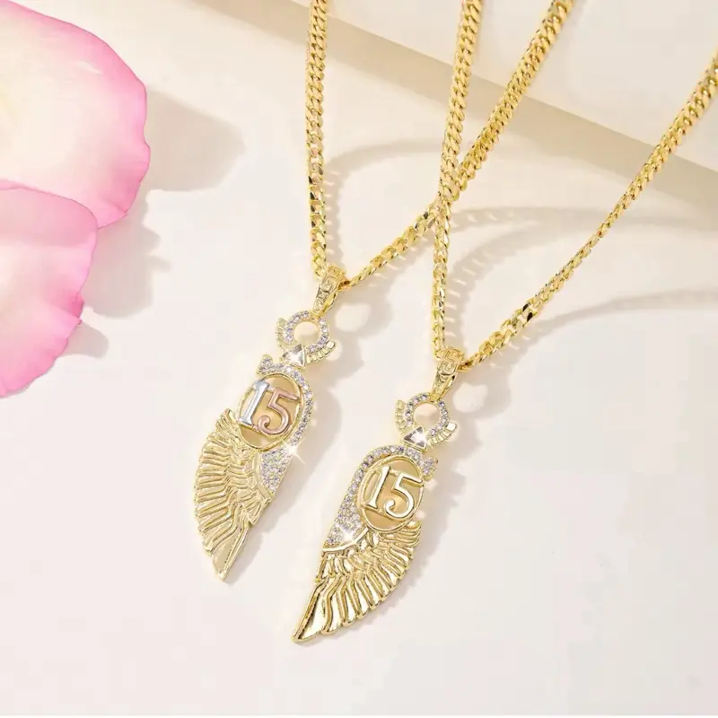 Quinceañera Necklace with Wings and Number 15 Gold-Tone Chain 50 cm Adjustable Elegant Design for Special Moments Sparkling Details Gold Finish Perfect Gift