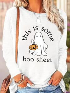 women's ghost & pumpkin print round neck sweatshirt, casual long sleeve crew neck pullover for spring & fall, fashion women's top for daily wear, hoodie