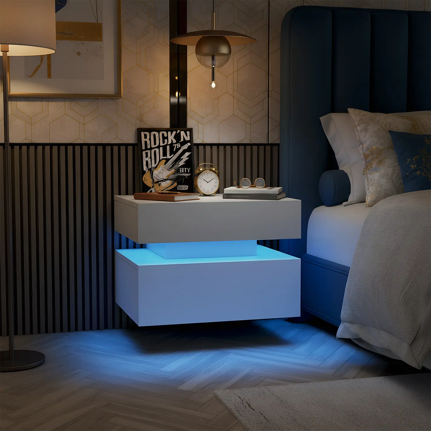 Spaco 2-Piece Wall-Mounted Floating LED Bedside Cabinet Set - Sleek, Space-Saving Contemporary Nightstands with Drawers, Adjustable LED Lights for Bedroom, Apartment (Birthday, Christmas Gifts)