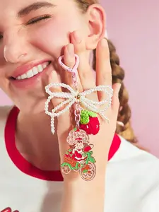 Strawberry Shortcake X SHEIN Handmade Faux Pearl Bow Crochet Strawberry & Alloy Cute Pink Bicycle Keychain Bag